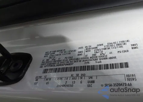 2024 Ford F-150 Xlt из США, поврежденный, VIN 1FTFW3L50RKF04857